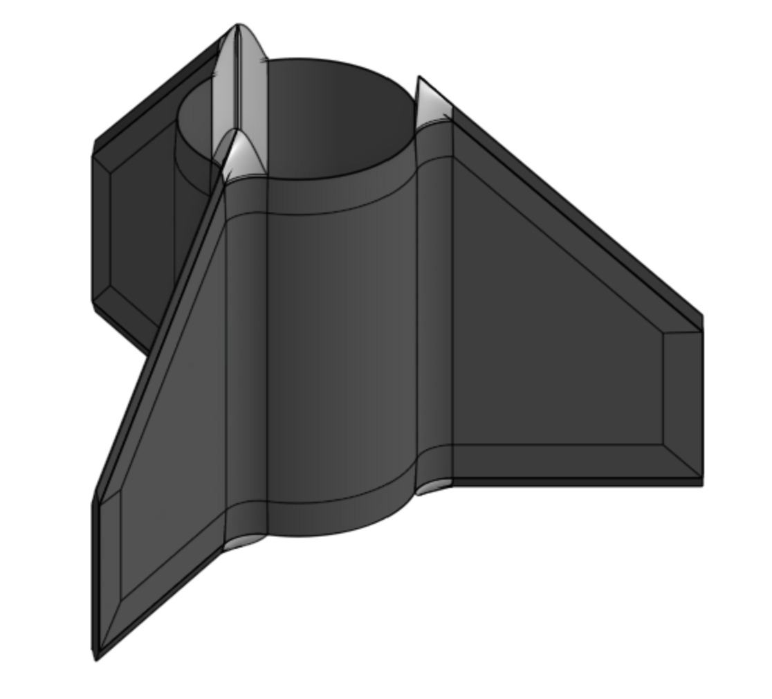 CAD model of a rocket body section with swept fins