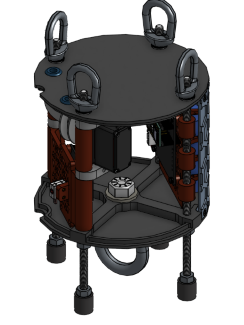 CAD model of a recovery assembly with eye bolts and support legs