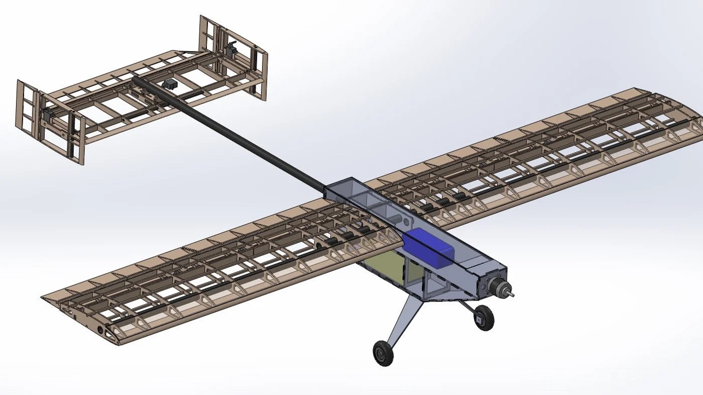 CAD render of the test model airplane with an exposed rib structure